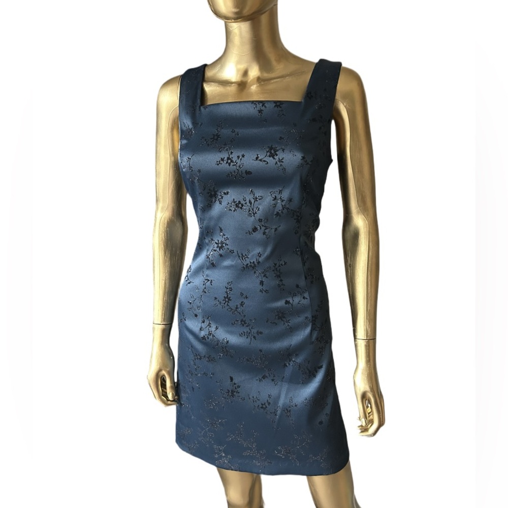 Vintage 90s City of Triangles Deep Blue & Black Flowered Dress Size 11/12 Large